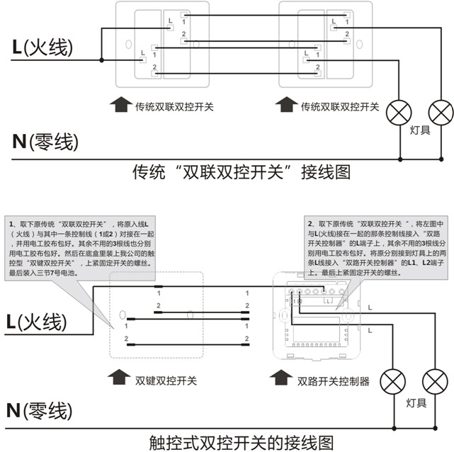 KOTI后現(xiàn)代智能雙控開關(guān)/場景開關(guān)接線方式1